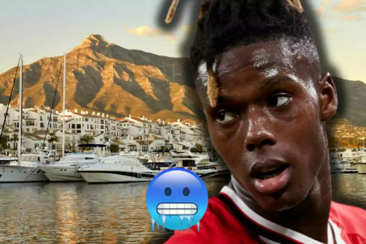 Nico Williams amb una expressió de sorpresa o incomoditat apareix en primer pla sobre un fons de port amb iots i muntanyes, acompanyat d’un emoji de cara congelada.