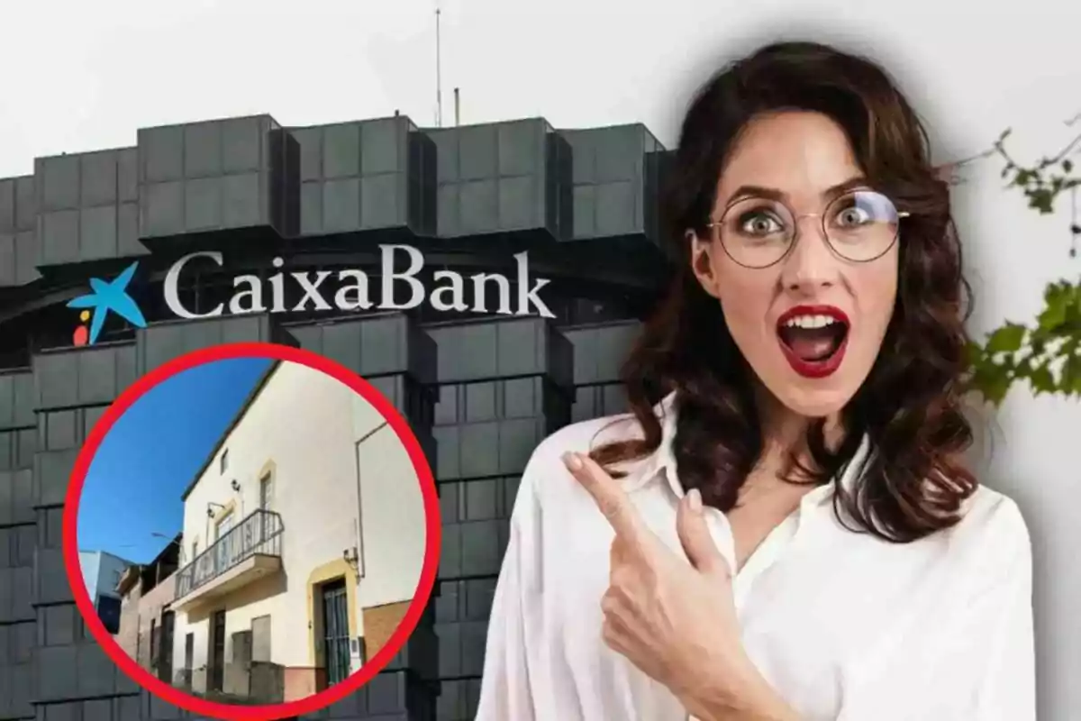 Mujer sorprendida señalando una casa dentro de un círculo rojo con el edificio de CaixaBank de fondo