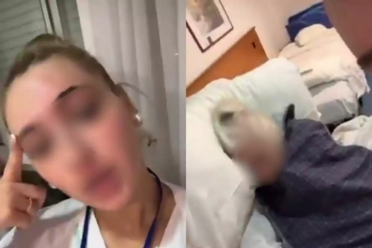 Dos personas con el rostro difuminado, una en primer plano con uniforme blanco y otra acostada en una cama en una habitación