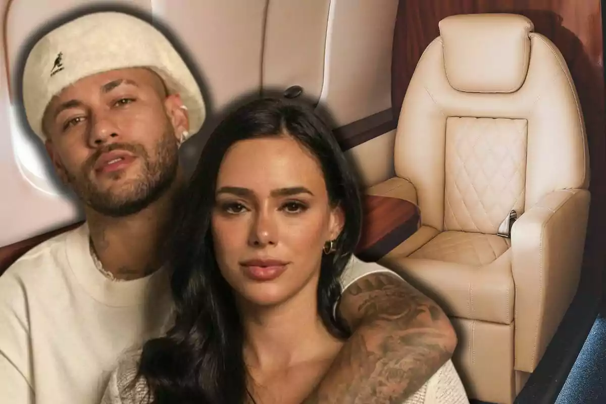 Neymar i Bruna Biancardi abraçats en primer pla amb l’interior d’un jet privat de fons