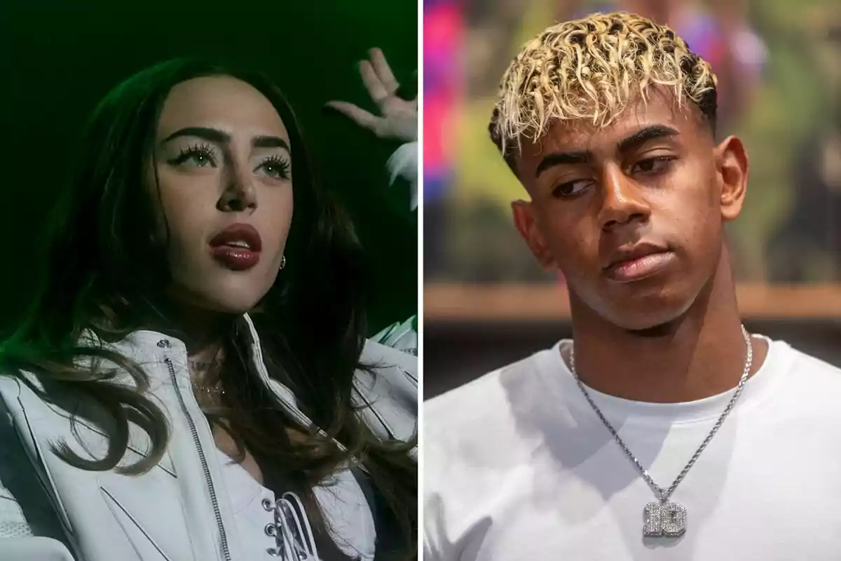 Nicki Nicole i Lamine Yamal, una dona amb jaqueta blanca i un home amb samarreta blanca i collaret, apareixen en una imatge dividida en dues parts.