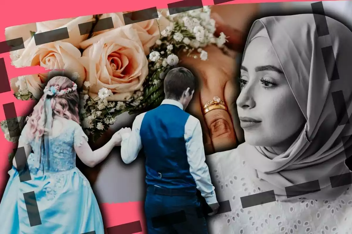 Collage con rosas, una pareja tomada de la mano, una mano con anillos de boda y una mujer con hiyab sobre un fondo rosa con detalles en negro.