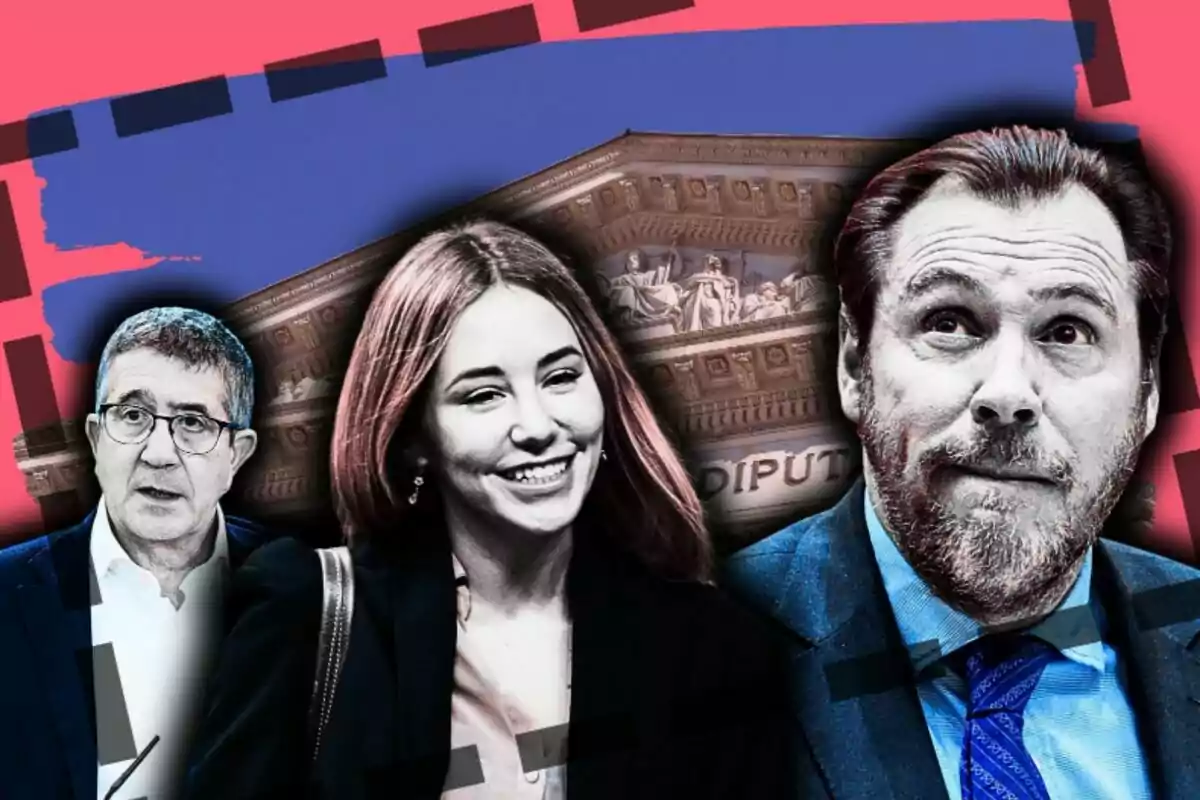 Patxo López, Noelia Núñez y Oscar Puente en primer plano con expresiones serias y sonrientes, al fondo el Congreso de los Diputados con la palabra DIPUT parcialmente visible y colores llamativos en el diseño.