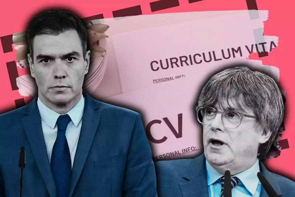 Dos hombres con traje y corbata en primer plano, uno de ellos con expresión seria y el otro hablando, sobre un fondo rosa con un currículum vitae desenfocado.
