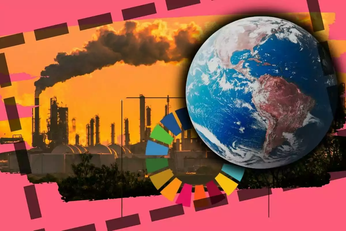 Indústria emetent fum amb el planeta Terra i un gràfic de colors representant els objectius de desenvolupament sostenible sobre un fons acolorit