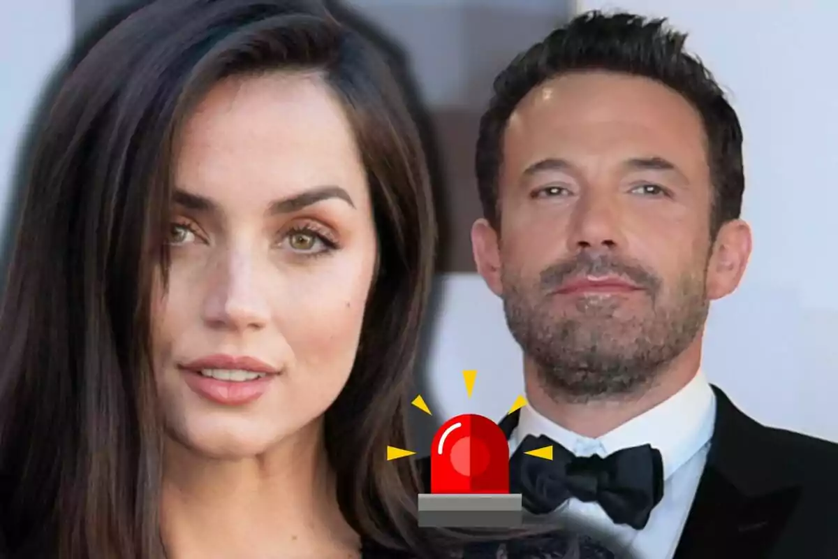 Ana de Armas and Ben Affleck posing elegantly with a red alarm icon in the foreground