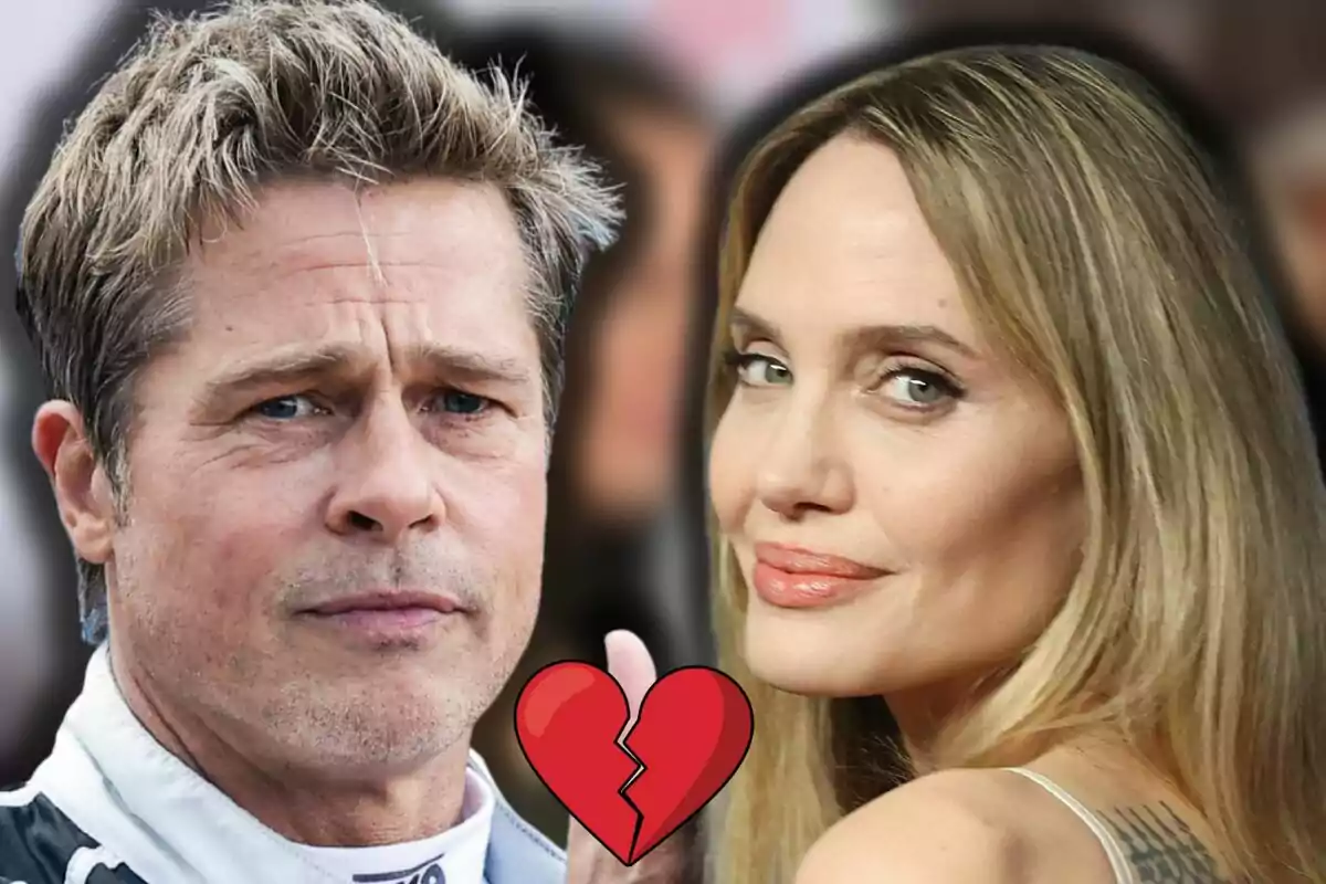 Brad Pitt and Angelina Jolie look at the camera with a broken heart emoji between them