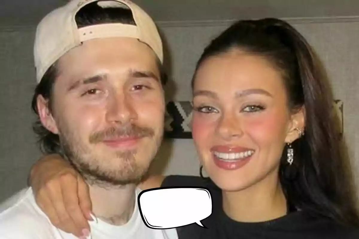 Brooklyn Beckham and Nicola Peltz smiling, hugging, with an empty speech bubble in front of them