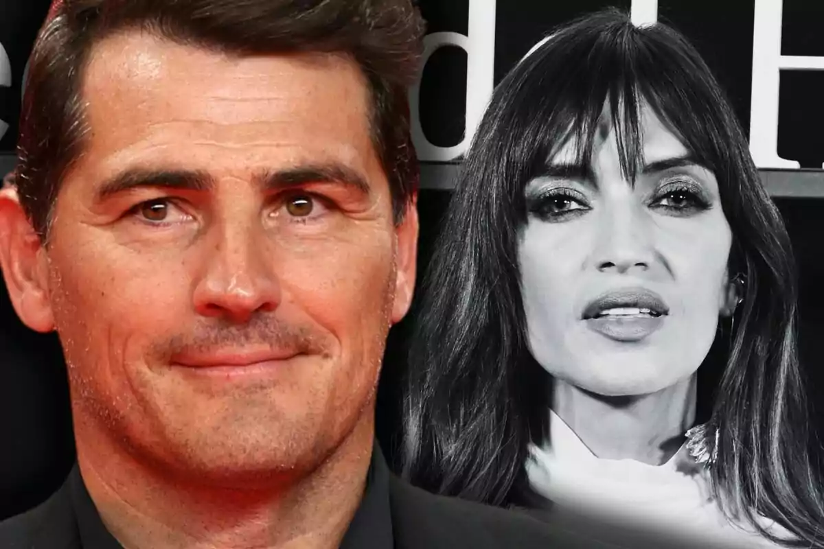 Primer pla d’Íker Casillas somrient en color i Sara Carbonero en blanc i negre al fons