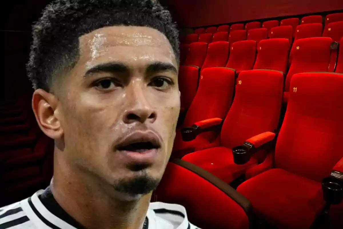 Jude Bellingham in a sports jersey appears in the foreground with red movie theater seats in the background.