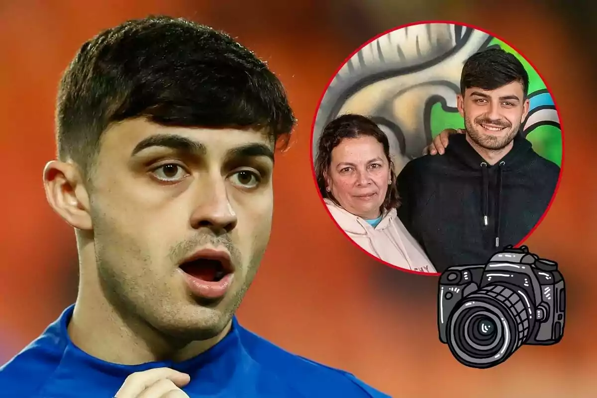 Pedri con expresión de sorpresa en primer plano y en un círculo al fondo aparece sonriendo junto a una mujer frente a un mural colorido con un dibujo de cámara fotográfica en la esquina