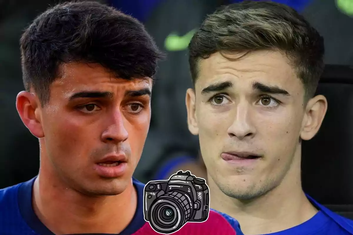 Gavi and Pedri with serious expressions and an illustration of a camera in the center