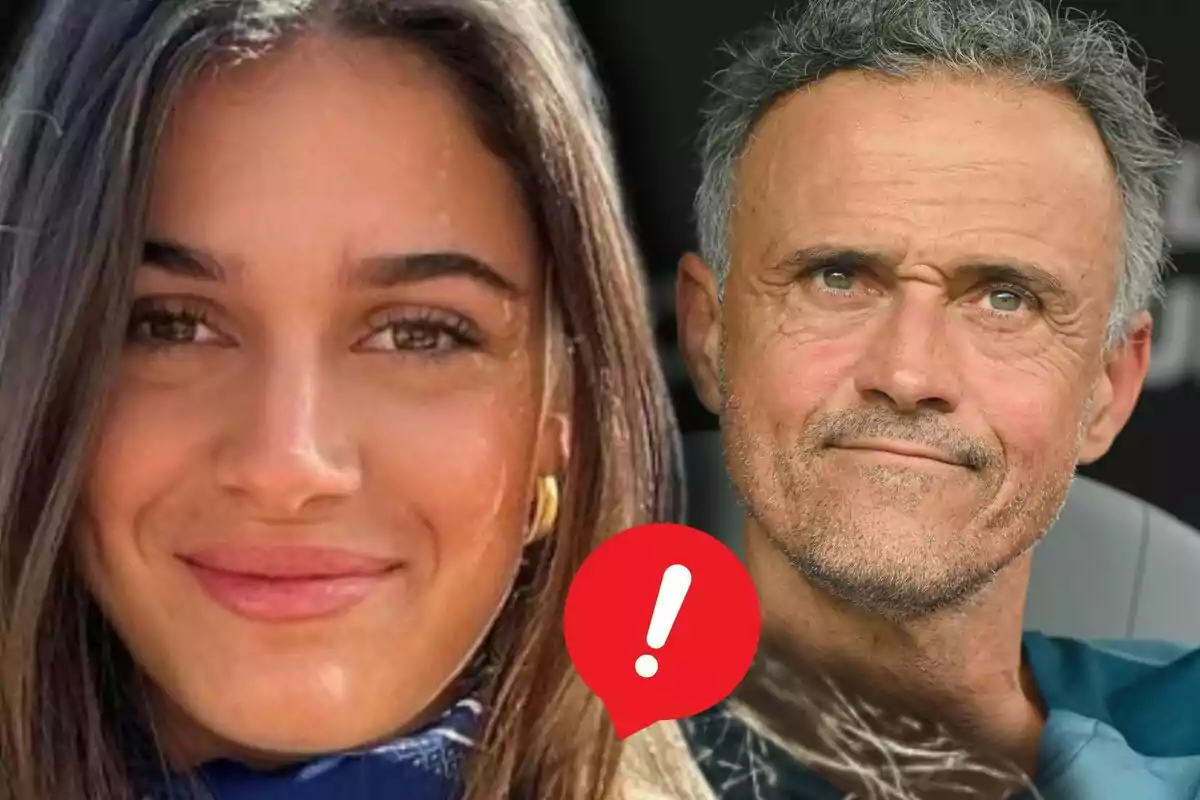 Primer plano de Sira Martínez y Luis Enrique con una burbuja roja de advertencia en el centro de la imagen