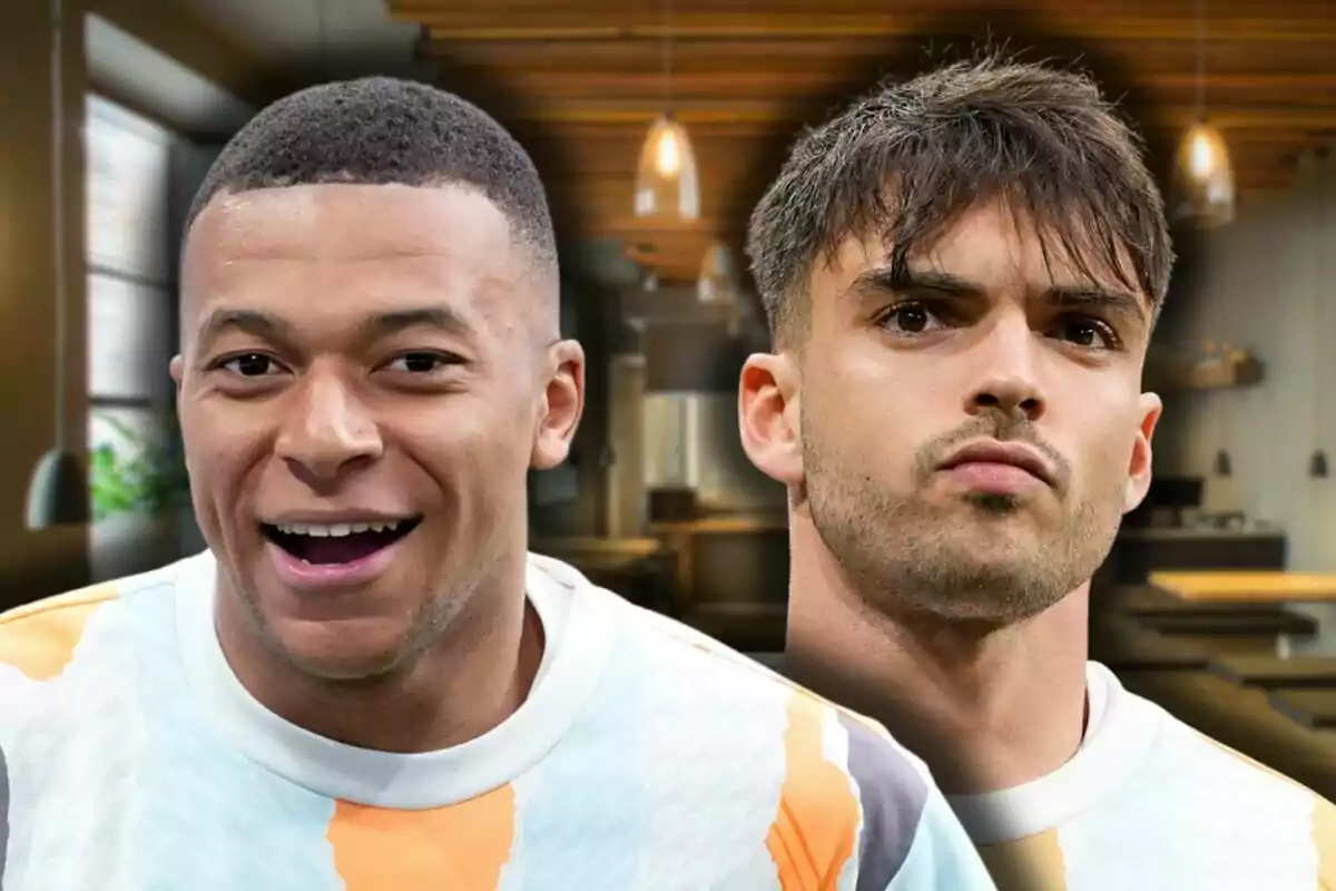 Mbappe and Asensio, wearing light-colored uniforms, pose in the foreground inside a modern restaurant with hanging lights and wooden tables.