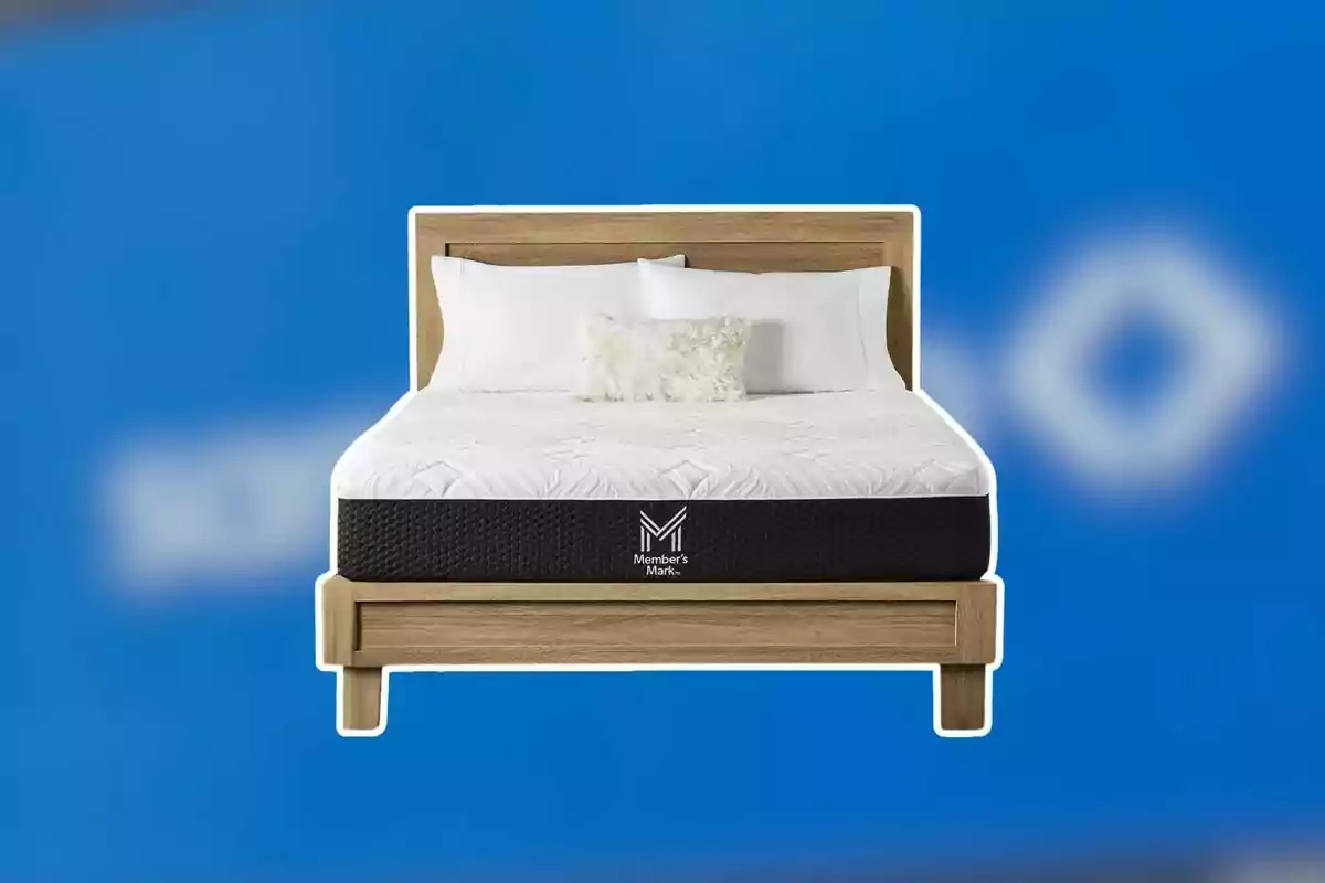 Bed with wooden base and white mattress with black details on a blue background Bed with wooden base and white mattress with black details on a blue background