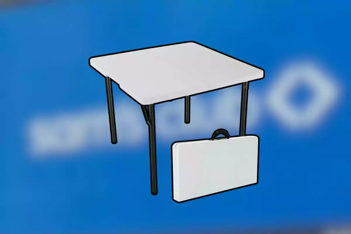 White folding table with black legs and a suitcase-style folded version on a blurred blue background White folding table with black legs and a suitcase-style folded version on a blurred blue background