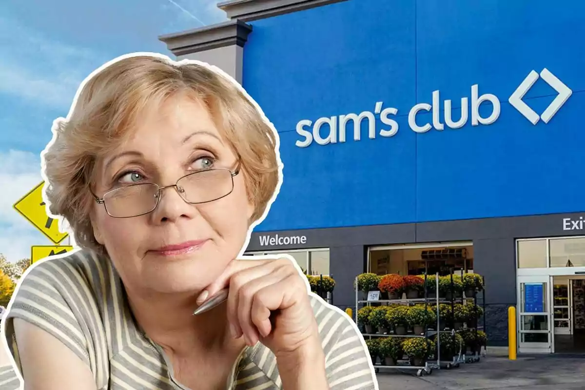 Mujer mayor con gafas y expresión pensativa frente a la entrada de una tienda Sam's Club