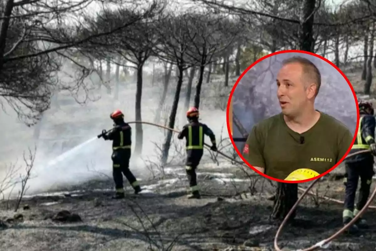 Bomberos apagan un incendio forestal mientras en un círculo se muestra a un hombre con camiseta verde hablando