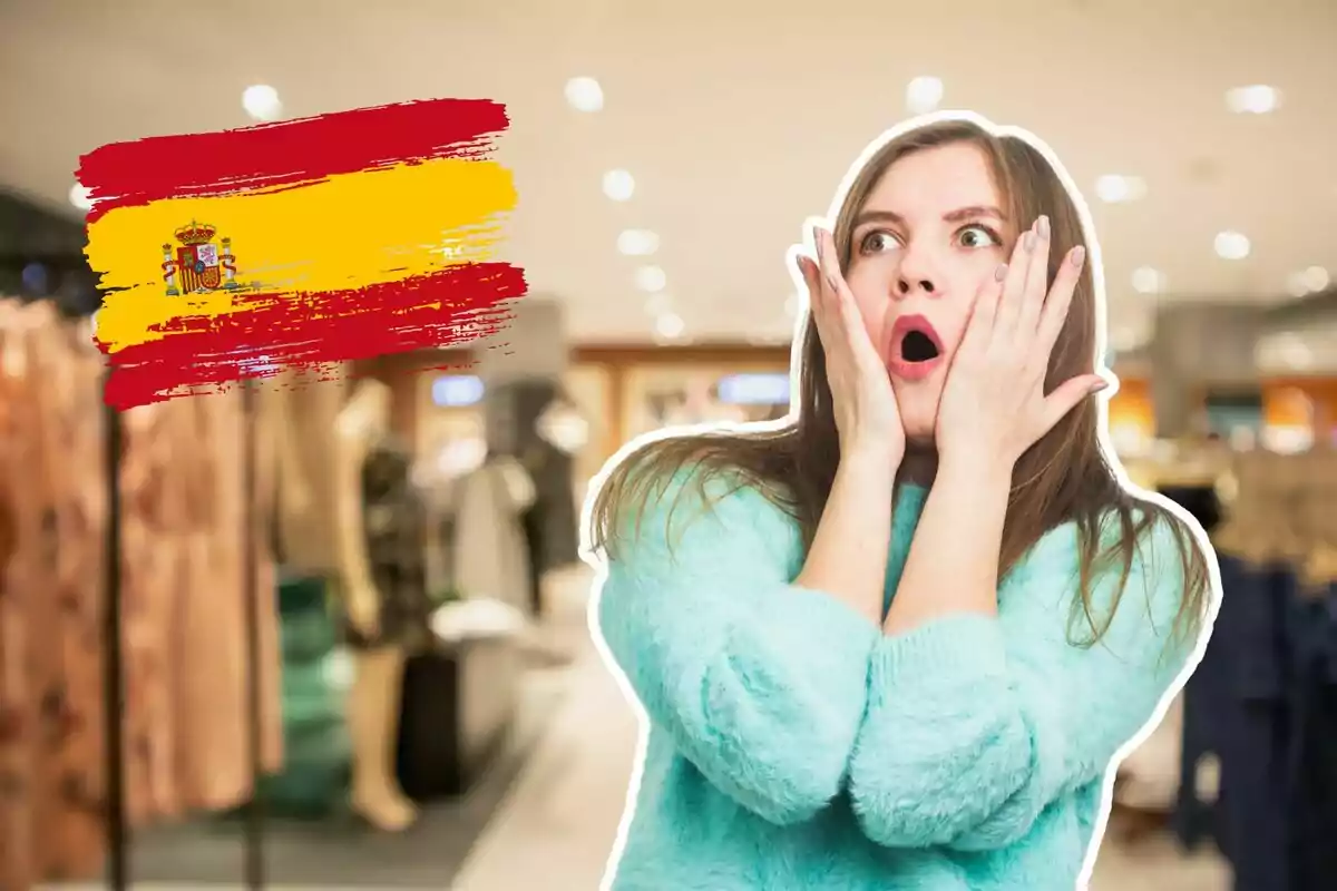 Dona sorpresa amb les mans a la cara en una botiga i una bandera d’Espanya pintada al fons