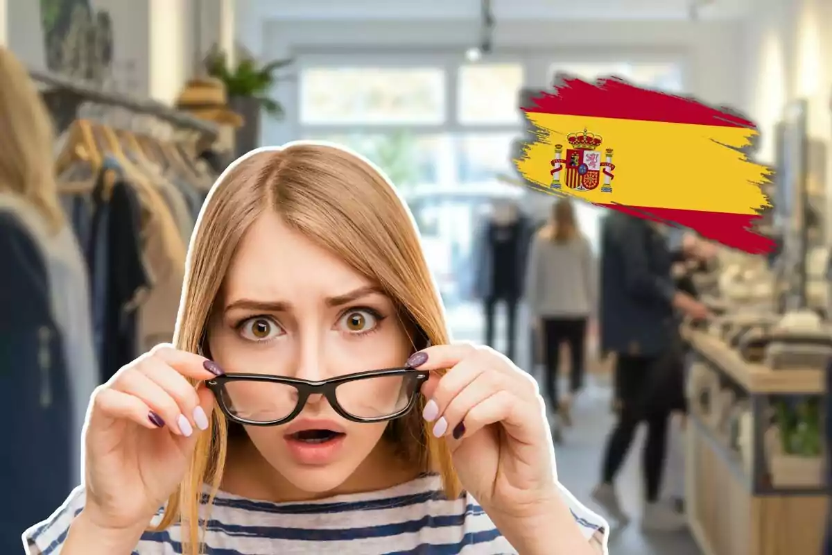 Dona jove amb expressió de sorpresa ajustant-se les ulleres en una botiga de roba amb la bandera d’Espanya al fons