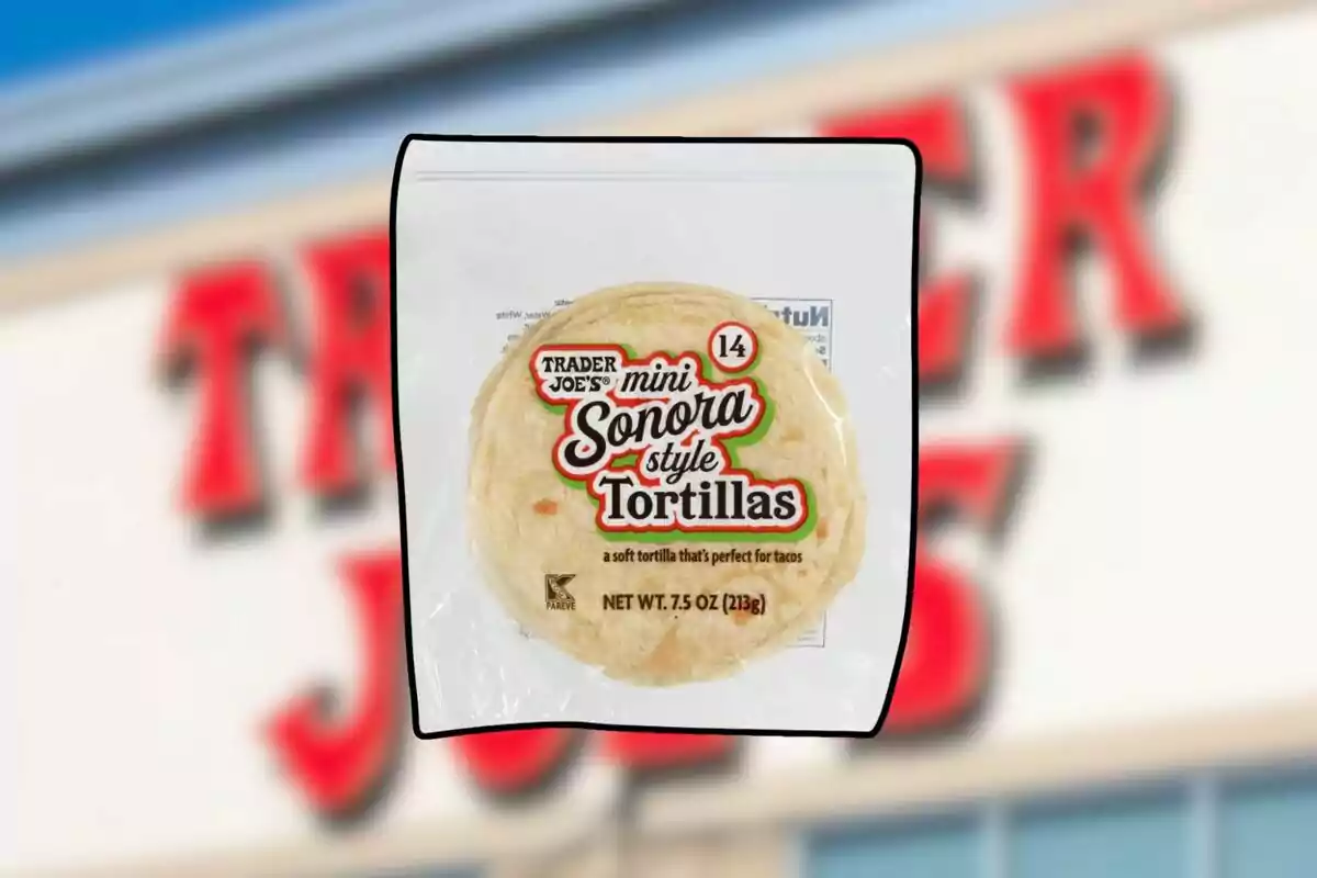 Trader Joe’s brand mini Sonora-style tortilla pack in front of a blurred background of the store sign Trader Joe’s brand mini Sonora-style tortilla pack in front of a blurred background of the store sign