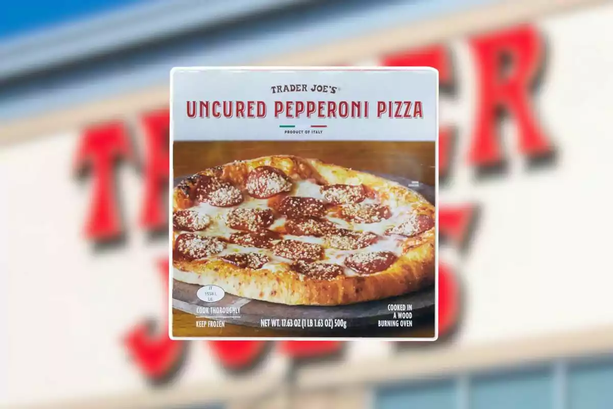 Trader Joe’s pepperoni pizza box with an image of the pizza on the cover and the store sign blurred in the background Trader Joe’s pepperoni pizza box with an image of the pizza on the cover and the store sign blurred in the background