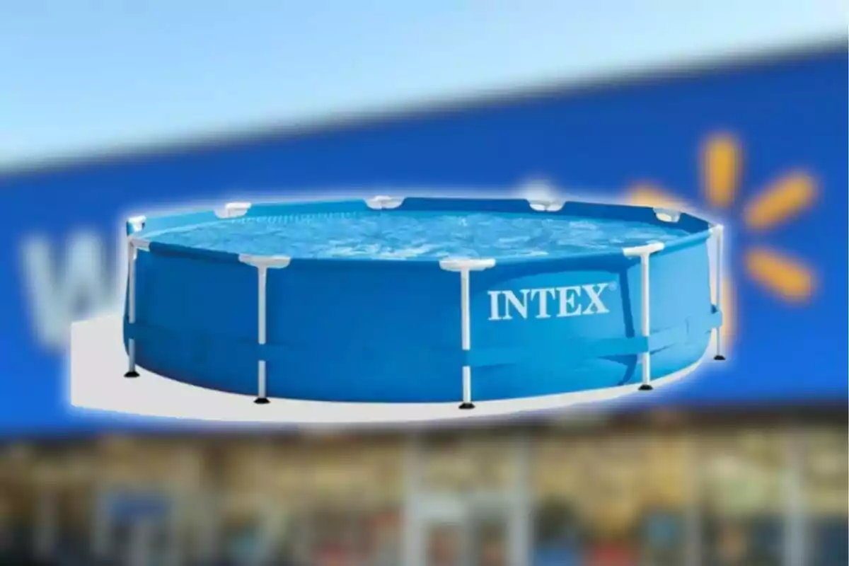 Blue Intex inflatable pool in front of a blurred Walmart store background Blue Intex inflatable pool in front of a blurred Walmart store background