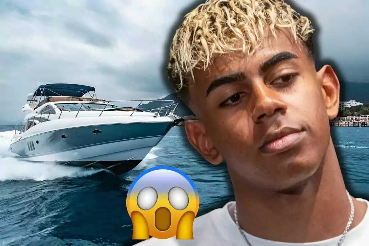 Un yate navegando en el mar con el rostro de Lamine Yamal y un emoji de sorpresa en primer plano