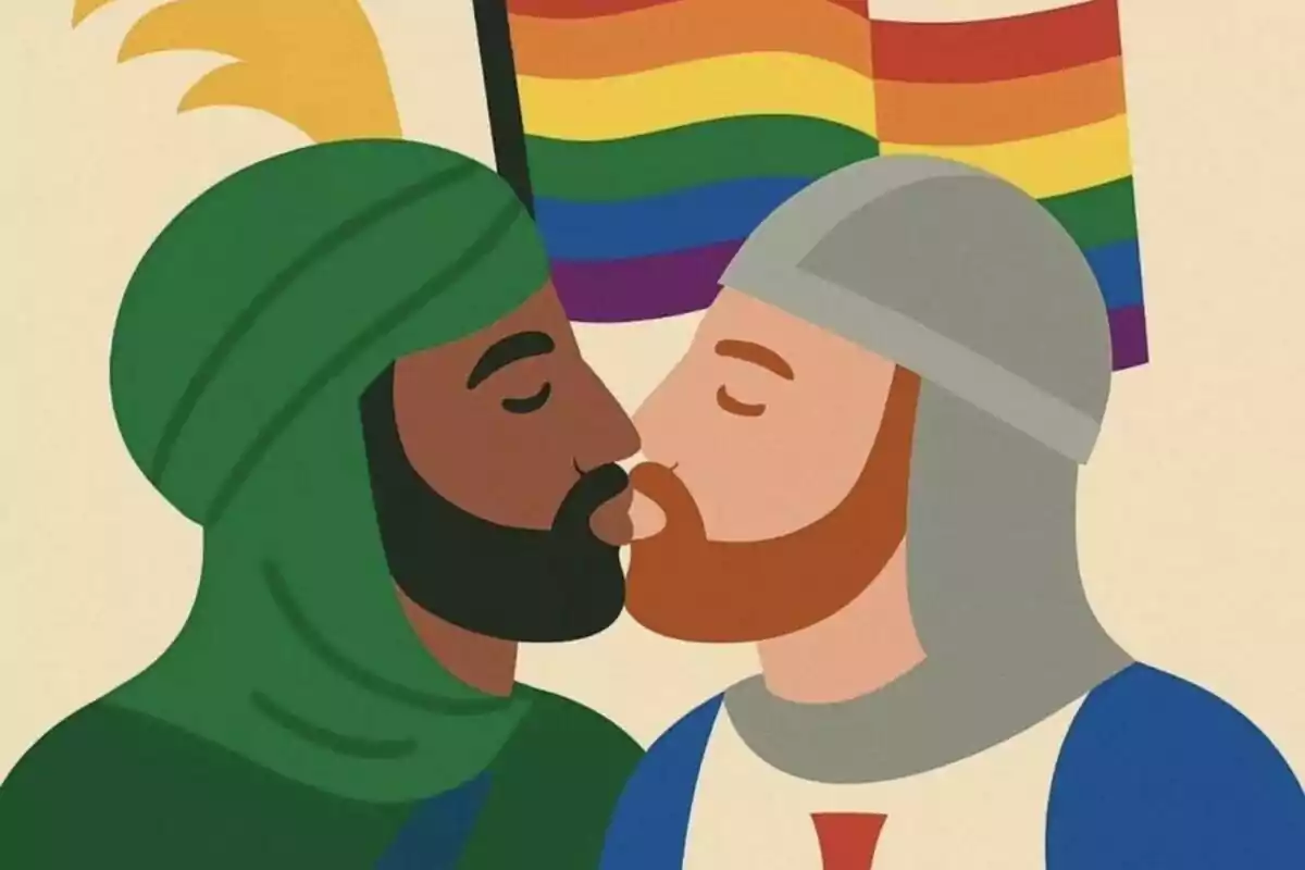 Ilustración de un caballero medieval y un guerrero árabe besándose con una bandera arcoíris de fondo