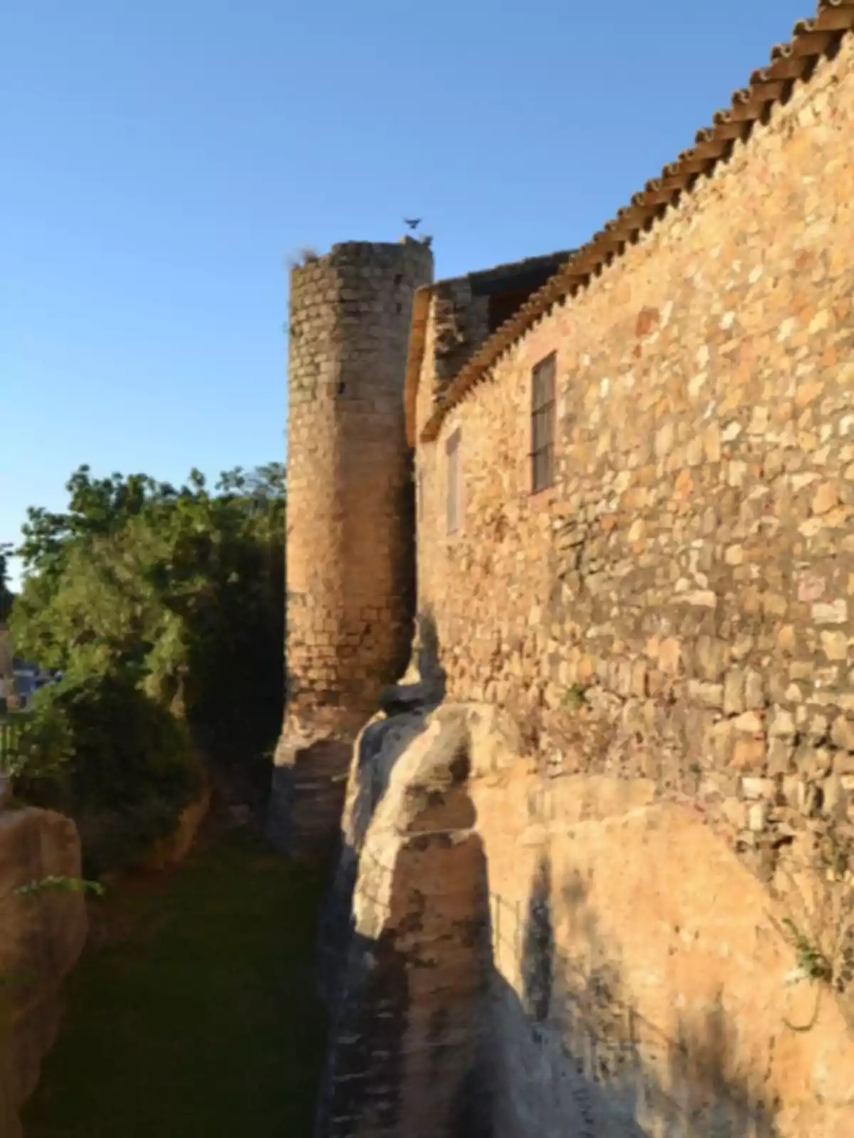 Muralla de pedra antiga amb torre circular i vegetació al voltant sota un cel serè Muralla de pedra antiga amb torre circular i vegetació al voltant sota un cel serè