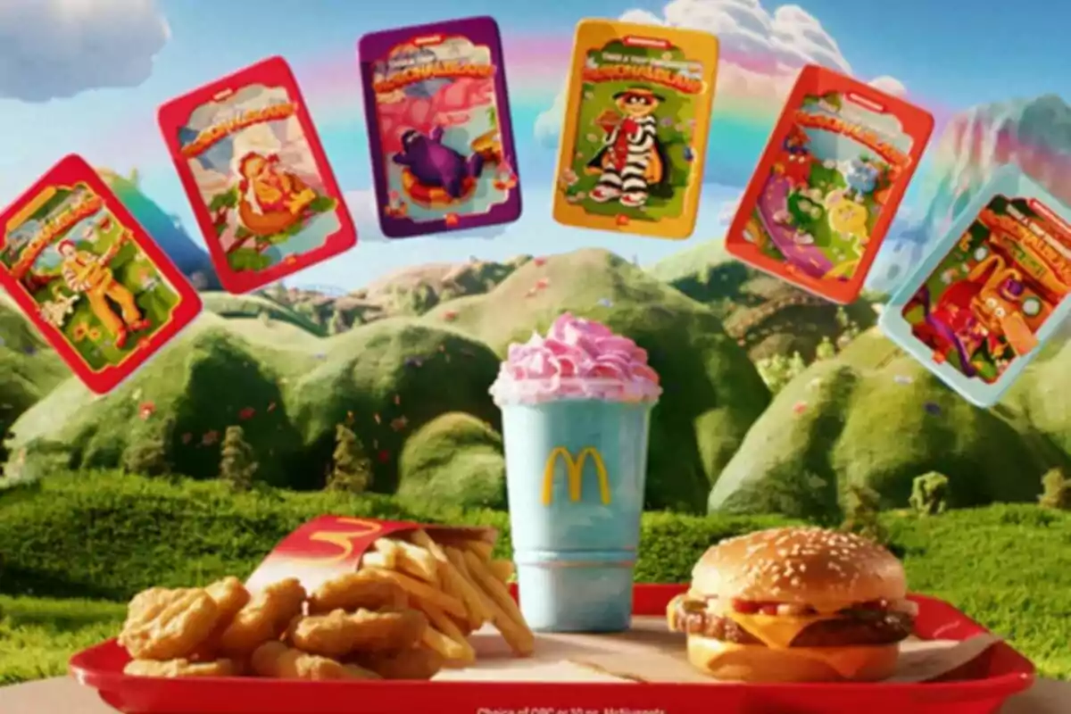McDonald's food tray with nuggets, fries, a burger, and a blue drink with pink cream, green hills in the background, and several collectible cards floating in the air McDonald's food tray with nuggets, fries, a burger, and a blue drink with pink cream, green hills in the background, and several collectible cards floating in the air
