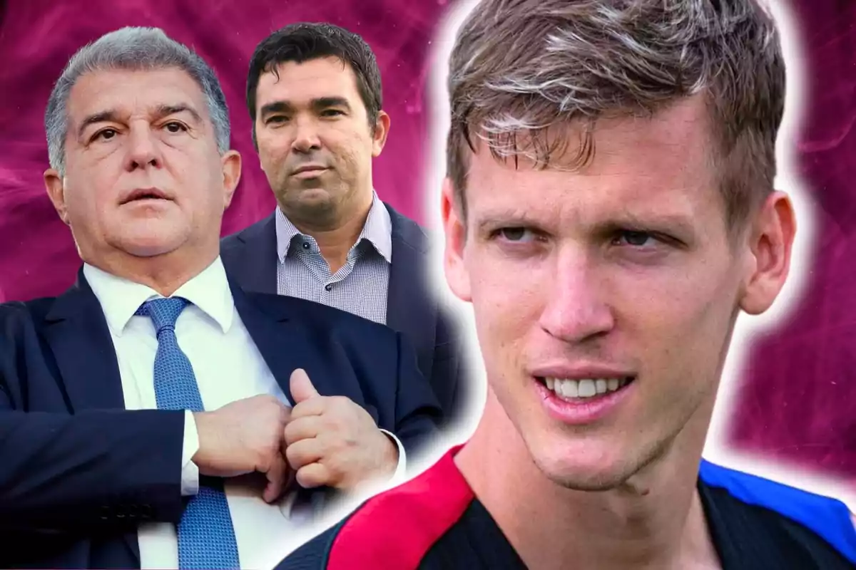 Tres hombres aparecen en la imagen con un fondo de color rosa, dos de ellos están vestidos de traje y el tercero lleva una camiseta deportiva