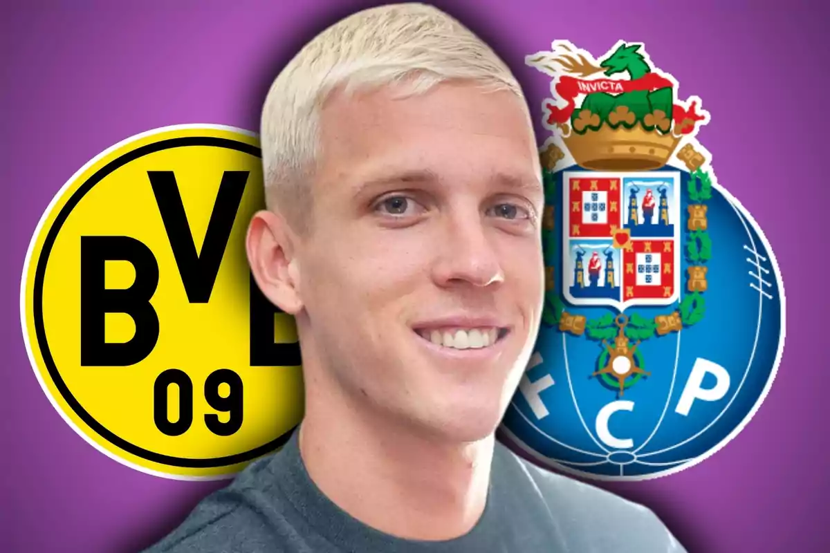 Smiling blond man in the foreground with the Borussia Dortmund and Porto crests in the background on a purple backdrop