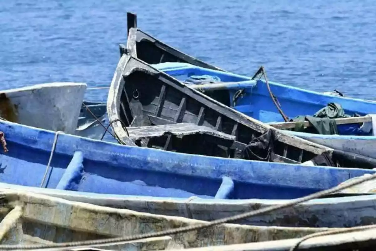 Varios botes de madera y fibra de vidrio en tonos azules y desgastados flotan juntos sobre el agua