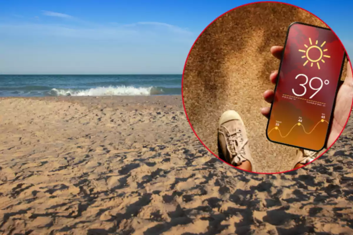 Platja amb sorra i mar al fons, en un requadre una persona sosté un telèfon mòbil que mostra una temperatura de 39 graus sota un sol brillant Platja amb sorra i mar al fons, en un requadre una persona sosté un telèfon mòbil que mostra una temperatura de 39 graus sota un sol brillant
