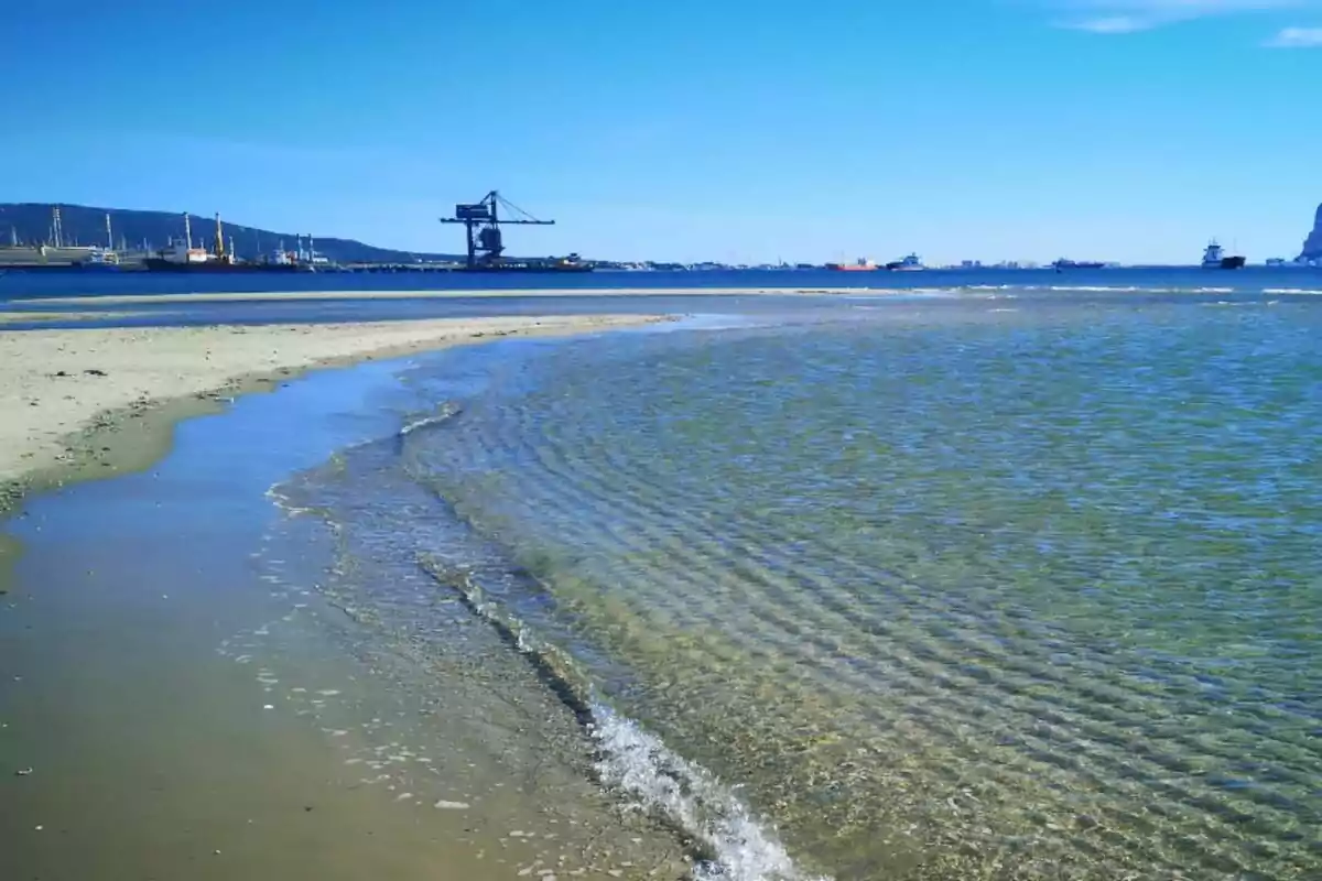 Imagen de la playa de El Rinconcillo en Cádiz, con agua cristalina y olas suaves, al fondo se ven grúas portuarias y barcos bajo un cielo azul despejado. Imagen de la playa de El Rinconcillo en Cádiz, con agua cristalina y olas suaves, al fondo se ven grúas portuarias y barcos bajo un cielo azul despejado.