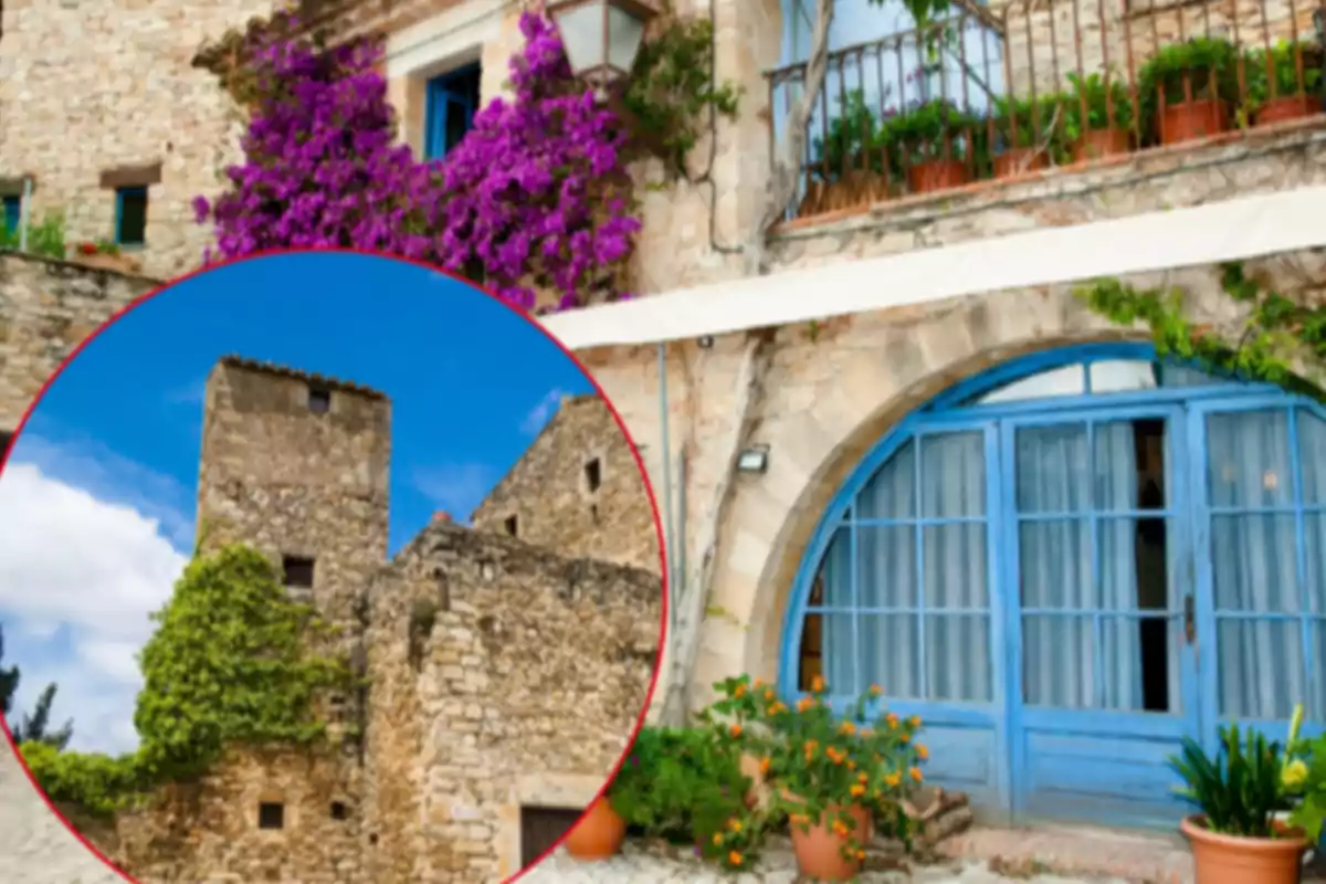 Façana d’una casa de pedra amb finestres i portes blaves, plantes i flors morades, al costat d’un requadre que mostra una torre antiga de pedra parcialment coberta de vegetació. Façana d’una casa de pedra amb finestres i portes blaves, plantes i flors morades, al costat d’un requadre que mostra una torre antiga de pedra parcialment coberta de vegetació.
