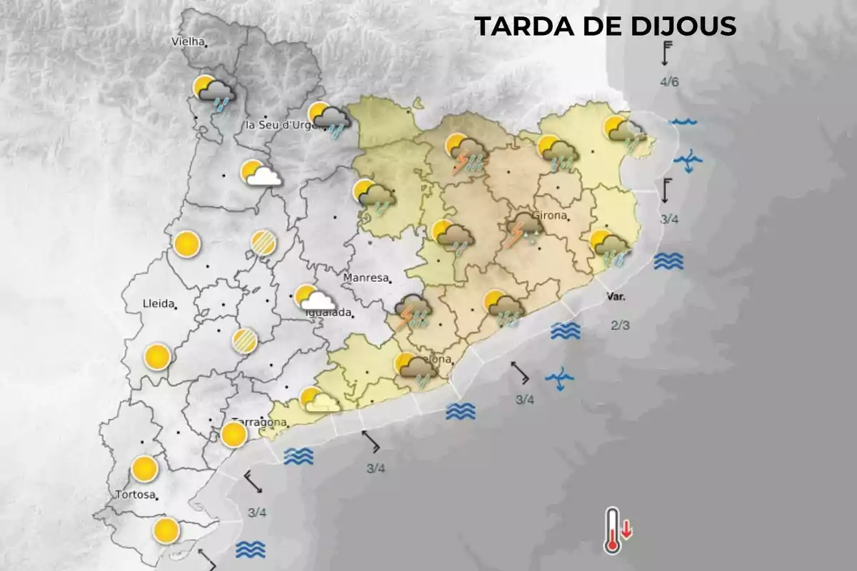 Mapa meteorològic de Catalunya per a la tarda de dijous amb zones assolellades a l’oest i sud, i pluges i tempestes al nord-est i centre Mapa meteorològic de Catalunya per a la tarda de dijous amb zones assolellades a l’oest i sud, i pluges i tempestes al nord-est i centre