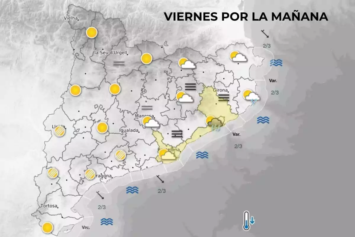 Mapa meteorológico de Cataluña para la mañana del viernes con iconos de sol, nubes y lluvias en diferentes zonas, indicando mayormente tiempo soleado y algunas áreas con nubosidad y precipitaciones aisladas Mapa meteorológico de Cataluña para la mañana del viernes con iconos de sol, nubes y lluvias en diferentes zonas, indicando mayormente tiempo soleado y algunas áreas con nubosidad y precipitaciones aisladas