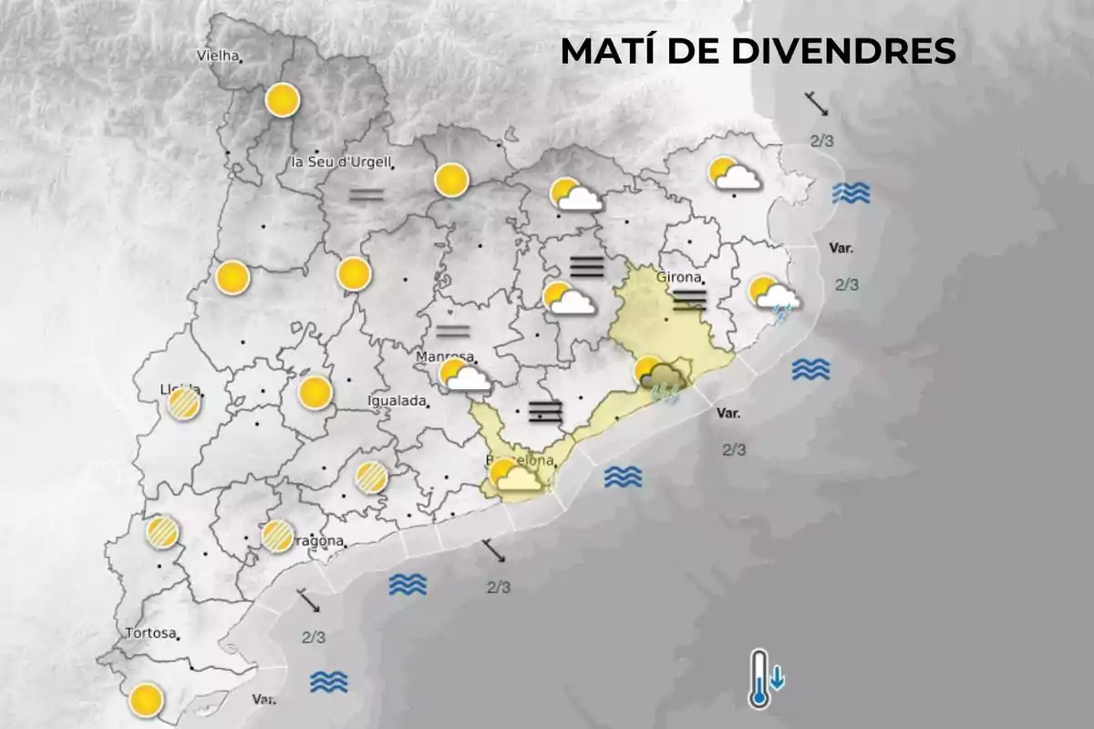 Mapa meteorològic de Catalunya per al matí de divendres amb icones de sol, núvols i pluges a diferents zones, a més de símbols de vent i onatge a la costa Mapa meteorològic de Catalunya per al matí de divendres amb icones de sol, núvols i pluges a diferents zones, a més de símbols de vent i onatge a la costa