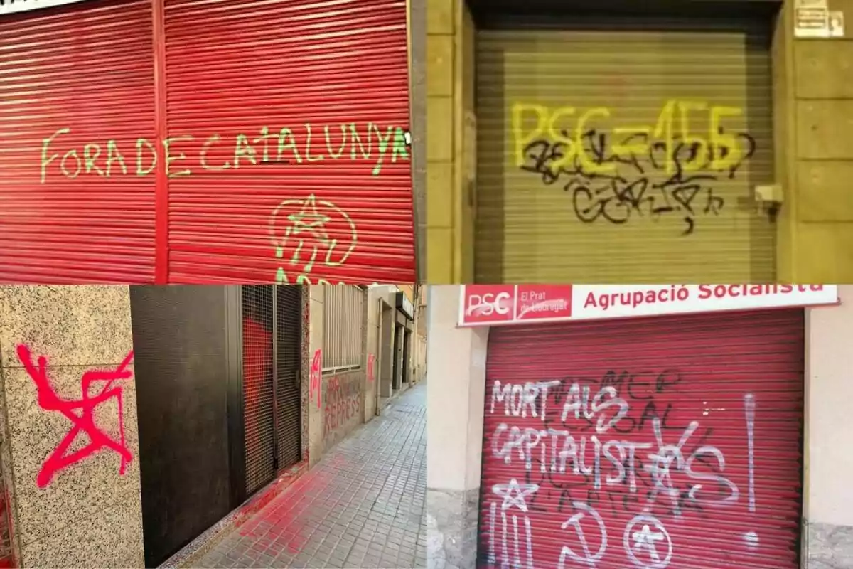 Cuatro imágenes de fachadas y persianas de locales con pintadas y grafitis de mensajes políticos y símbolos en diferentes colores Cuatro imágenes de fachadas y persianas de locales con pintadas y grafitis de mensajes políticos y símbolos en diferentes colores