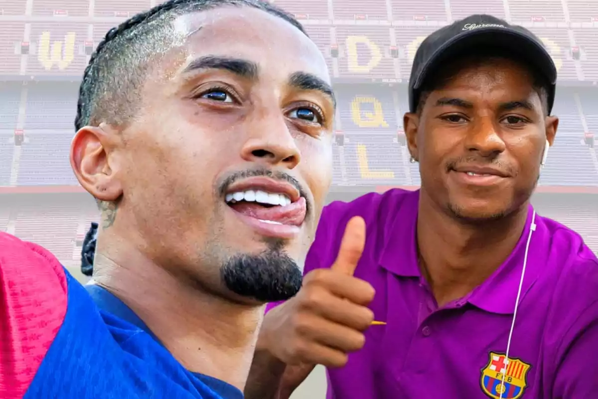 Two players smile in front of the stands of a stadium; one of them is wearing a blue and red jersey, and the other is wearing a purple jersey with the Barcelona crest and giving a thumbs-up.