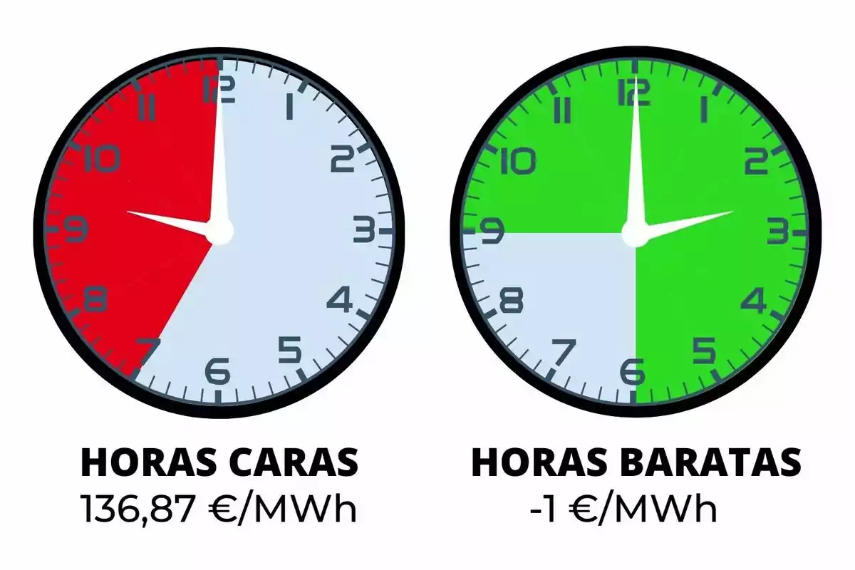 Dos rellotges comparen les hores cares d’electricitat en vermell amb un preu de 136,87 euros per megawatt hora i les hores barates en verd amb un preu de menys d’1 euro per megawatt hora; els preus corresponen al diumenge, 10 d’agost de 2025.