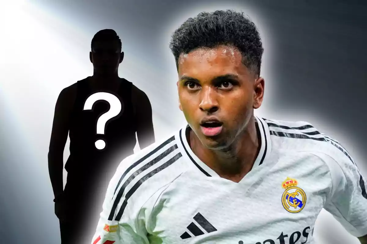 Futbolista del Reial Madrid en primer pla amb expressió intensa i una silueta misteriosa al fons amb un signe d’interrogació al pit