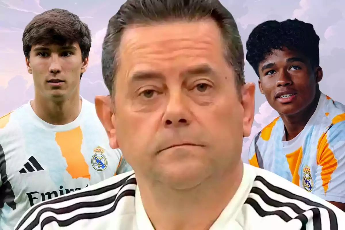 Three people wearing Real Madrid jerseys pose in front of a cloudy background, one of them in the foreground and the other two in the background on either side.