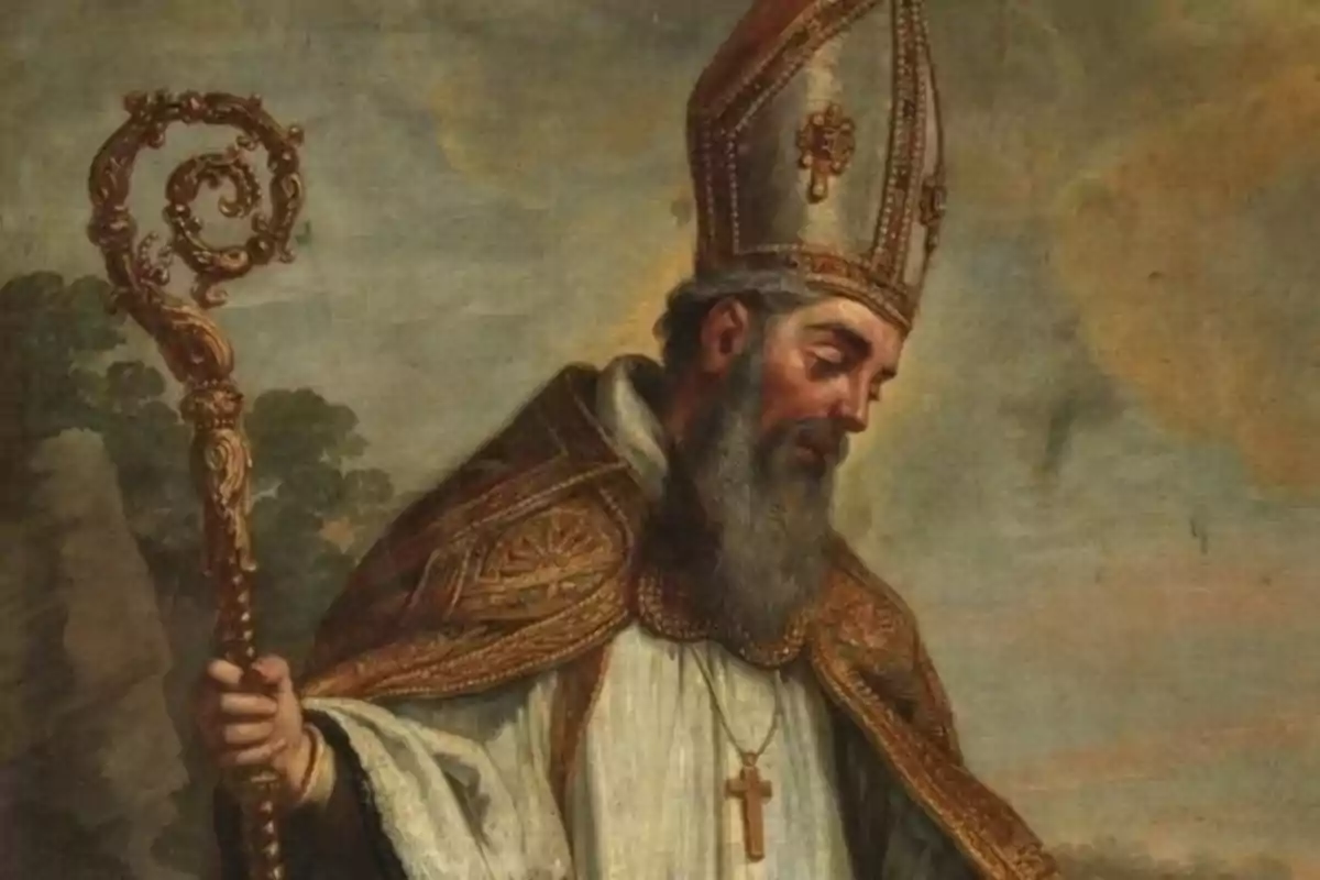 Pintura d’un bisbe amb vestimenta religiosa, bàcul daurat i mitra decorada, amb un fons de paisatge natural.