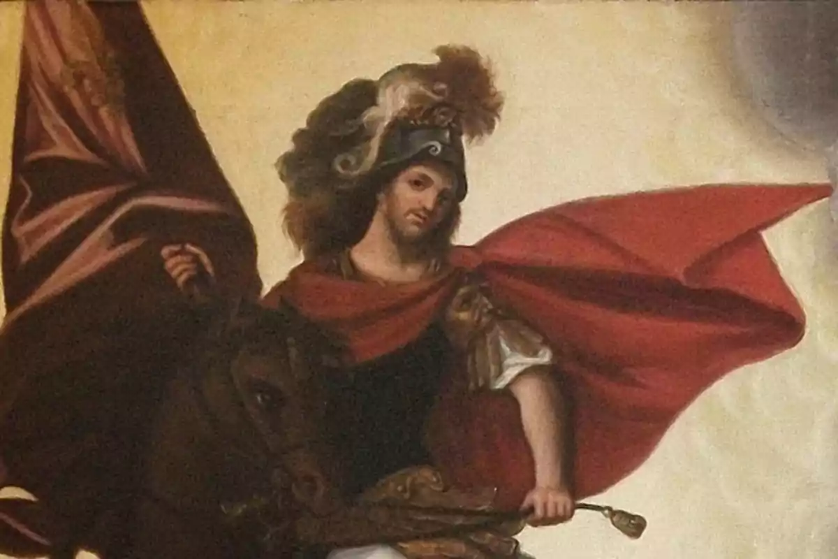 Pintura d’un personatge amb armadura i capa vermella muntant un cavall i sostenint una bandera Pintura d’un personatge amb armadura i capa vermella muntant un cavall i sostenint una bandera