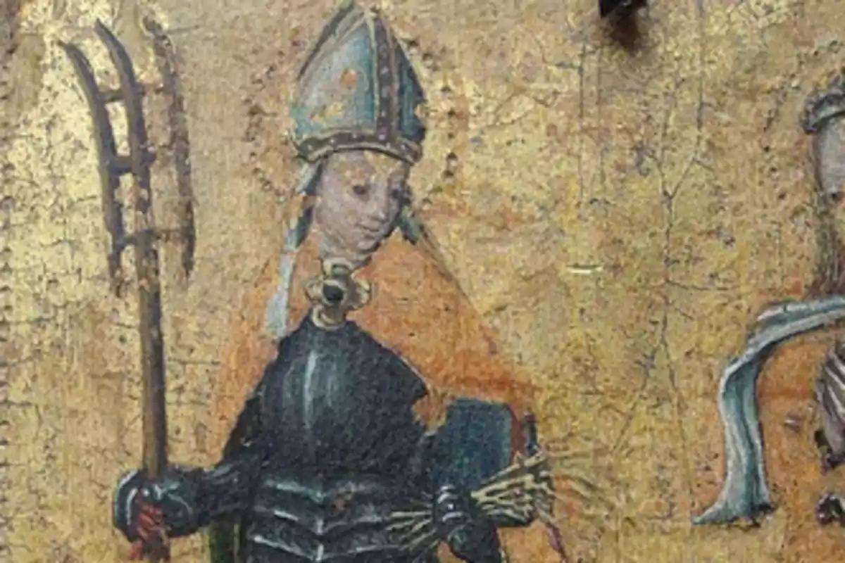 Pintura antiga d’una figura religiosa amb vestimenta fosca, mitra i bàcul, sostenint un manat de branques sobre un fons daurat. Pintura antiga d’una figura religiosa amb vestimenta fosca, mitra i bàcul, sostenint un manat de branques sobre un fons daurat.
