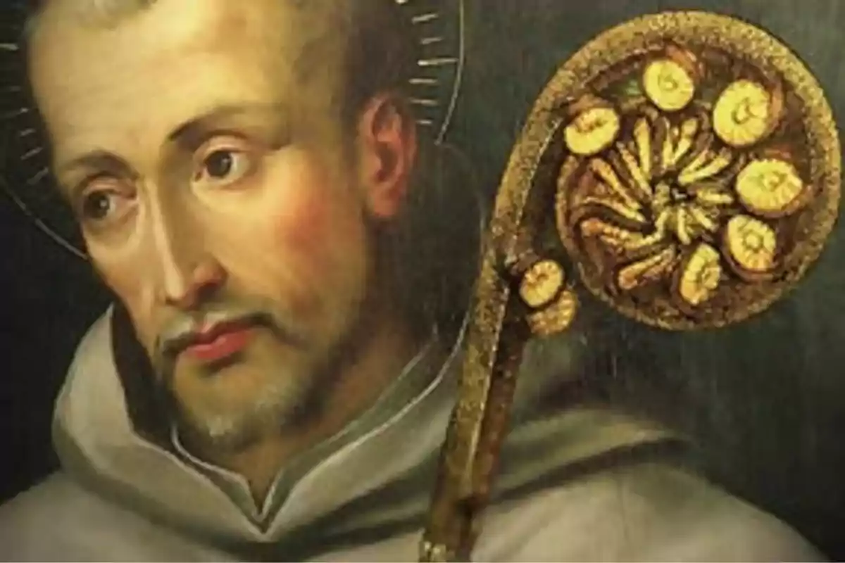 Retrat d’un home amb halo i vestimenta religiosa sostenint un bàcul daurat ornamentat Retrat d’un home amb halo i vestimenta religiosa sostenint un bàcul daurat ornamentat