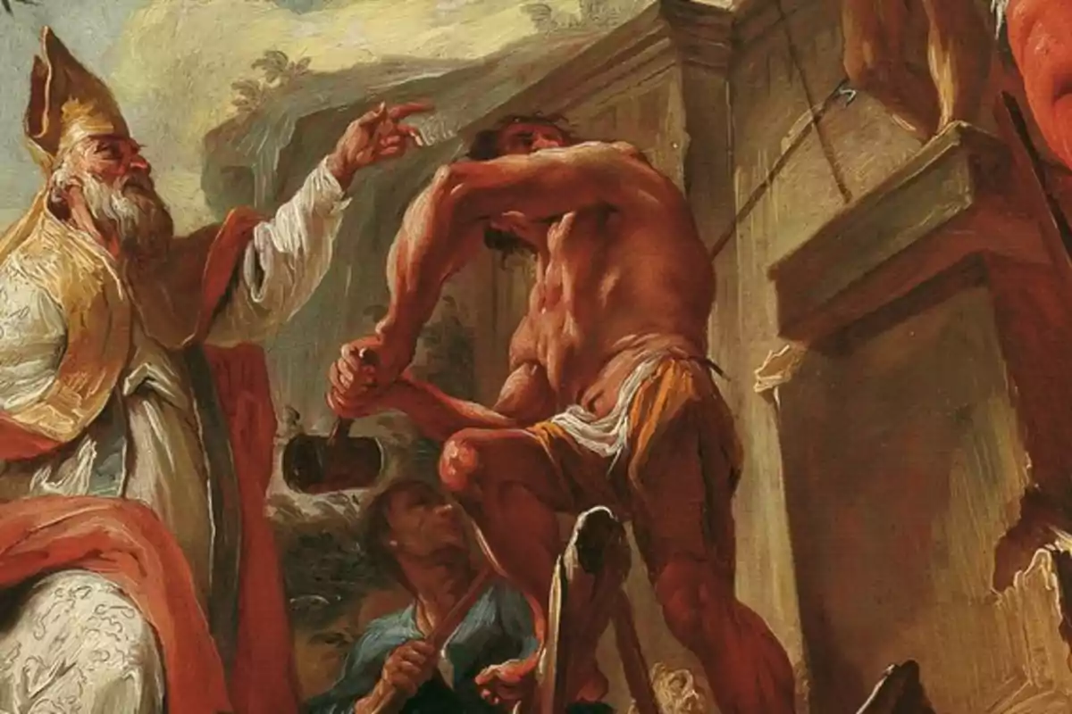 Un hombre musculoso con taparrabos sostiene un mazo mientras un hombre mayor con vestimenta religiosa y mitra le señala con el dedo en una escena de estilo barroco Un hombre musculoso con taparrabos sostiene un mazo mientras un hombre mayor con vestimenta religiosa y mitra le señala con el dedo en una escena de estilo barroco